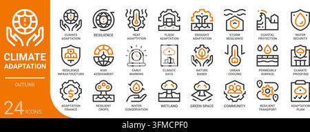 climate adaptation outline icon collection for web, app, UI, UX, dashboard, presentation and infographic and print design Stock Vector