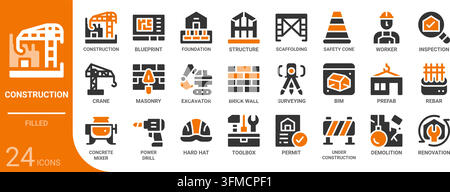 construction filled glyph icon collection for web, app, UI, UX, dashboard, presentation and infographic and print design Stock Vector