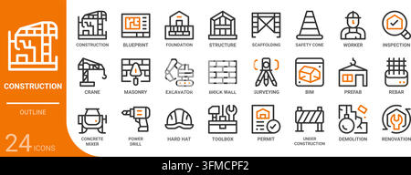 construction outline icon collection for web, app, UI, UX, dashboard, presentation and infographic and print design Stock Vector