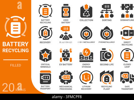 battery recycling filled glyph icon collection for web, app, UI, UX, dashboard, presentation and infographic and print design Stock Vector