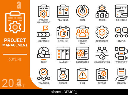 project management outline icon collection for web, app, UI, UX, dashboard, presentation and infographic and print design Stock Vector
