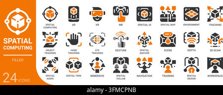 spatial computing filled glyph icon collection for web, app, UI, UX, dashboard, presentation and infographic and print design Stock Vector
