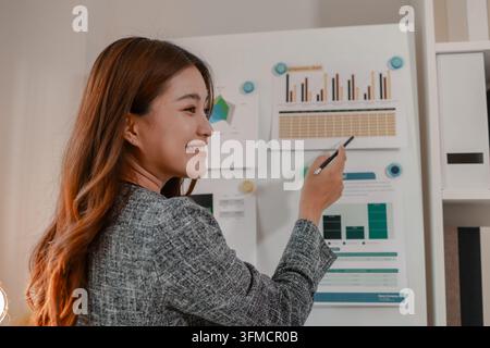 Two businesswomen collaborating on reports and performance charts, discussing business strategy, reviewing data analysis, presenting results, and plan Stock Photo