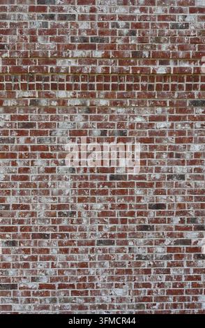 Variegated red and black clay brick masonry with white German schmear and a double-row brick-end accent in running bond brickwork Stock Photo
