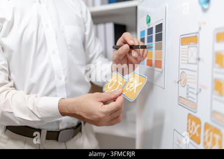 Close-up of a UX designer arranging wireframes and interface components while planning a digital product. Creative workflow for user experience, proto Stock Photo