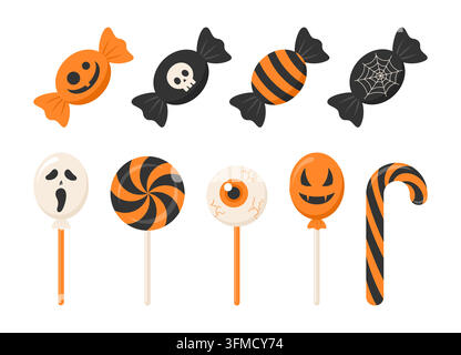 Set of Halloween candies and lollipops isolated on a white background, flat vector illustration Stock Vector