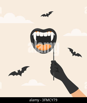 Female hand in black glove holding Halloween vampire mouth mask with flying bats on background, flat vector illustration Stock Vector