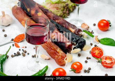 assorted smoked and cured sausages arranged with fresh chili peppers, garlic, cherry tomatoes, lettuce, basil, bay leaves, paprika, and black pepper. Stock Photo
