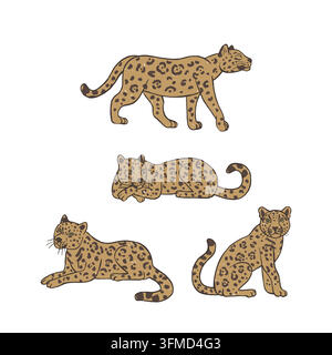 Set of hand drawn vector illustration of jaguars isolated on white background. Cute exotic big cat with green eyes, leopard spots and vintage texture Stock Vector