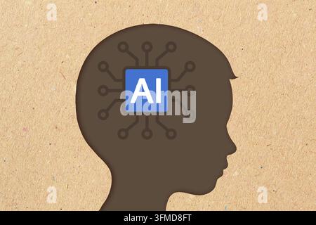 Child head silhouette with ai icon - Concept of artificial intelligence impact on children 's development Stock Photo