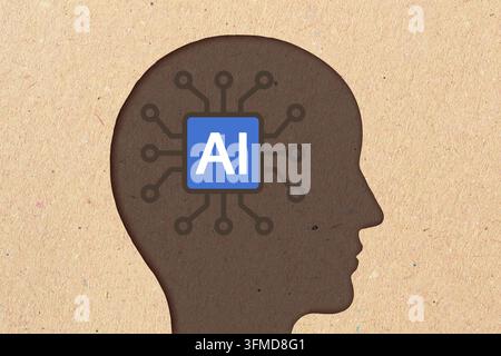 Man head silhouette with ai icon - Concept of artificial intelligence effects on the Brain Stock Photo