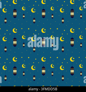 A festive and decorative background pattern featuring Islamic cultural elements. The design showcases repeating motifs of crescent moons, stars, and t Stock Vector