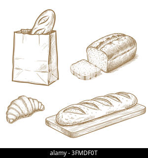 Sliced bread and croissant, baguette in a paper bag and a loaf on a cutting board, vector illustration. A set for printing in bakeries,cafes, bread Stock Vector