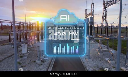 Aerial view of a power substation with a digital overlay displaying AI data center power consumption and grid supply metrics Stock Photo
