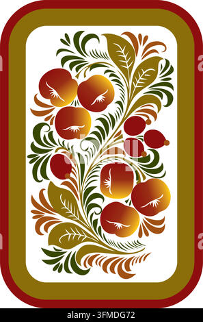 Vector white rectangular Russian national ornament Khokhloma. Ethnic Slavic fruit and berry pattern Stock Vector