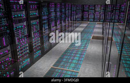 3d Server racks with glowing lights Stock Photo