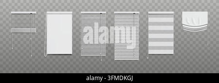 Blinds set. Open window curtain, venetian white frame or office roller for home interior. 3d horizontal room object. Horizontal roller stripes and blackout textile. Vector png isolated illustration Stock Vector