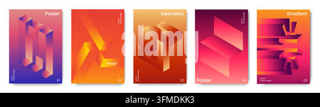 Geometric gradient. Abstract creative background, square pattern poster or cover with 3d shapes in vibrant perspective, contemporary visual identity. Vector cartoon flat style isolated minimal concept Stock Vector