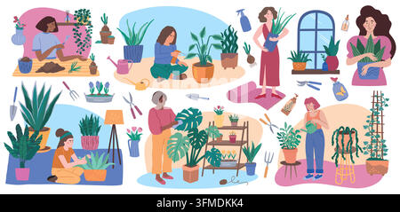 Indoor plants. House flower rack, happy man and woman at home. Floral leaf room garden, young person in apartment watering and repotting, routine maintenance activities. Vector cartoon isolated set Stock Vector