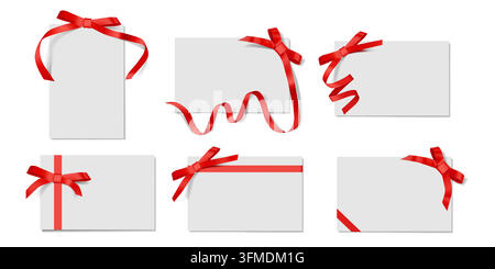 Gift tag. Ribbon bow on card note, invitation paper sign in holiday birthday envelope. Red and white sale design. packaging for greeting, voucher, invitation, promotional message. Vector isolated set Stock Vector