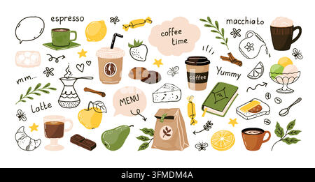 Coffee poster. Matcha, juice and cafe food or chocolate beverage. Doodle sticker design for promotion, cups and snacks. Decorative icons cozy hot drinks. Vector cartoon flat isolated illustration Stock Vector