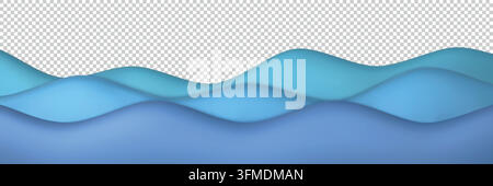 3d sea wave. Cartoon ocean water, cute beach river elements or kid summer lake surface. Panoramic blue texture, gradient horizontal curves. Background minimal composition design. Vector illustration Stock Vector