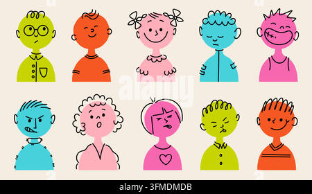 Child face. Simple children feeling characters, happy school kid smile or cute doodle diverse community. Colorful hand drawn portraits, friendly group. Vector cartoon flat style isolated illustration Stock Vector