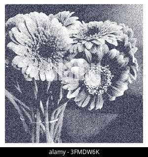 Halftone flower collage with dotted gradient effect and retro aesthetic, featuring daisy petals in black and white vector art with vintage grain Stock Vector