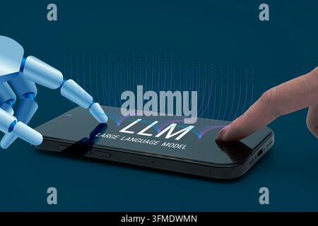 Human finger taps smartphone screen. Blue robotic hand interacts with device. Digital waves pulse from phone. Concept shows AI integration into daily Stock Photo