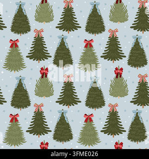 Hand-drawn Christmas trees seamless pattern with bows and stars for winter holiday packaging, background, wrapping paper Stock Vector