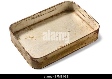 empty old rusty metal box isolated white background, weathered rectangular tin container with scratches and dirt, top view Stock Photo