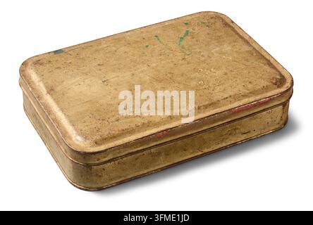 old rusty metal box isolated white background, scratched vintage tin container with closed lid, antique storage object Stock Photo