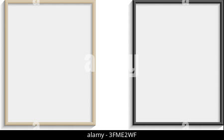 Collection of realistic empty picture frames featuring natural wood and black finishes. Minimal wall mockup templates with blank interiors, ideal for posters, artwork, photography, branding presentations, home decor, galleries, print previews, and interior design projects. Stock Vector