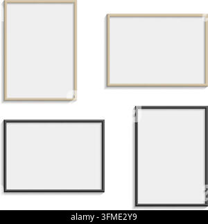 Realistic picture frame mockup. Wooden poster frame template. Black photo frame mockup. Empty wall frame collection. Modern poster display mockup. Vector illustration Stock Vector