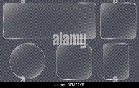 Set of realistic transparent glass interface elements featuring rounded rectangles, square, and circle panels with glossy reflections. Ideal for websites, applications, infographics, overlays, and digital design projects. Vector illustrator Stock Vector