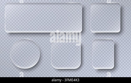 Glassmorphism UI elements. Transparent glass panel set. Frosted glass interface vector. Modern glass card template. Rounded glass frame collection. Vector illustration Stock Vector