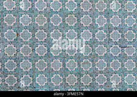 Symmetrical full-frame background of traditional blue and green Portuguese azulejos ceramic tiles with intricate geometric and floral patterns Stock Photo