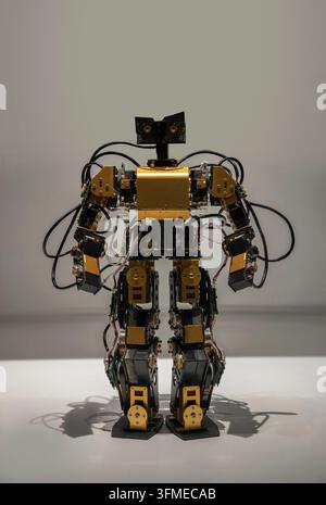 Japanese golden metal humanoid robot made of microprocessors and cables with advanced recognition functionalities and integrated system for autonomous Stock Photo