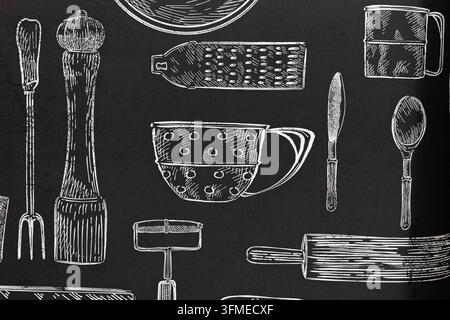 Hand drawn white chalk sketches of various kitchen tools and cooking tools on a dark black background Stock Photo