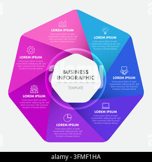 Modern 7 Steps Heptagon Business Infographic Template with Neon Gradient Color Stock Vector