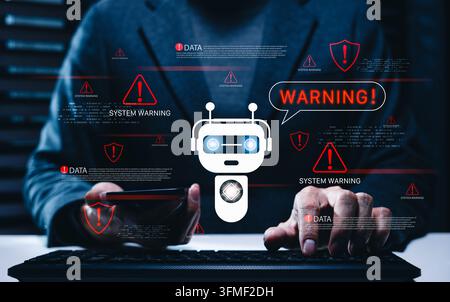AI cybersecurity warning concept. Man using computer with chatbot detects system threats, data breach alerts, malware risks, network errors, digital s Stock Photo
