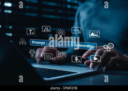 AI prompt and generative content creation concept. Person using laptop with prompt, generate, and multimodal AI icons, representing text, image, audio Stock Photo
