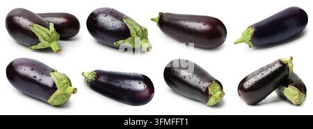 Fresh eggplants with water drops isolated on white, set Stock Photo