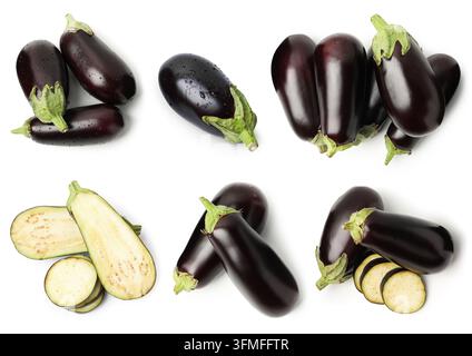 Fresh eggplants isolated on white, set. Whole and sliced Stock Photo