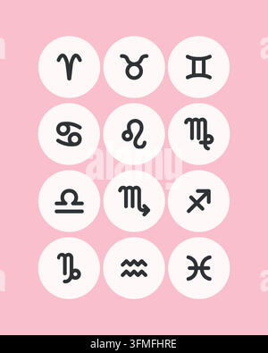 Zodiac horoscope. Twelve astrological icon symbols set. Stylized star signs esoteric. Simple line vector illustration Stock Vector
