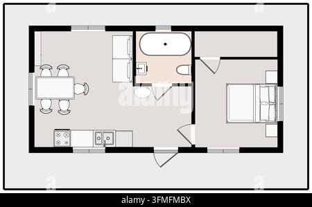Detailed 2D architectural floor plan illustration of a compact one-bedroom house layout. Features an open-plan kitchen, dining area, bathroom Stock Vector