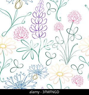 Seamless floral pattern with one line flowers. Elegant seamless background with single-line flowers. Hand-drawn. Not AI. Vector illustration. Stock Vector