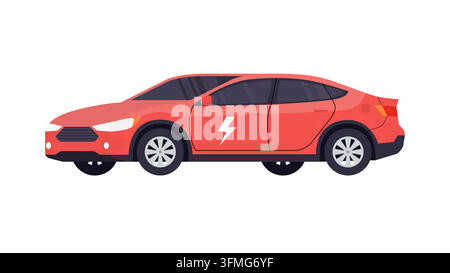 A flat vector illustration of a modern red electric car shown from a side perspective with a lightning bolt symbol, representing clean energy and sust Stock Vector