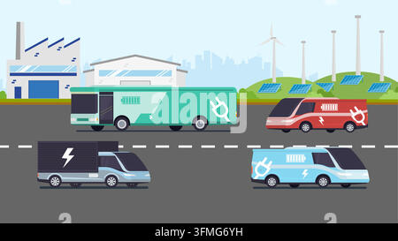 Flat illustration of an electric bus, truck, and van driving on a road in front of wind turbines and solar panels, representing sustainable urban tran Stock Vector