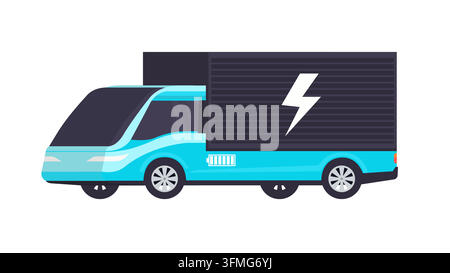 A flat vector illustration of a modern electric delivery truck with a lightning bolt symbol and battery icon, representing eco-friendly transportation Stock Vector